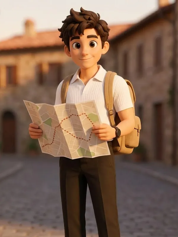 Emmanuel's 3D character with a backpack and a paper map
